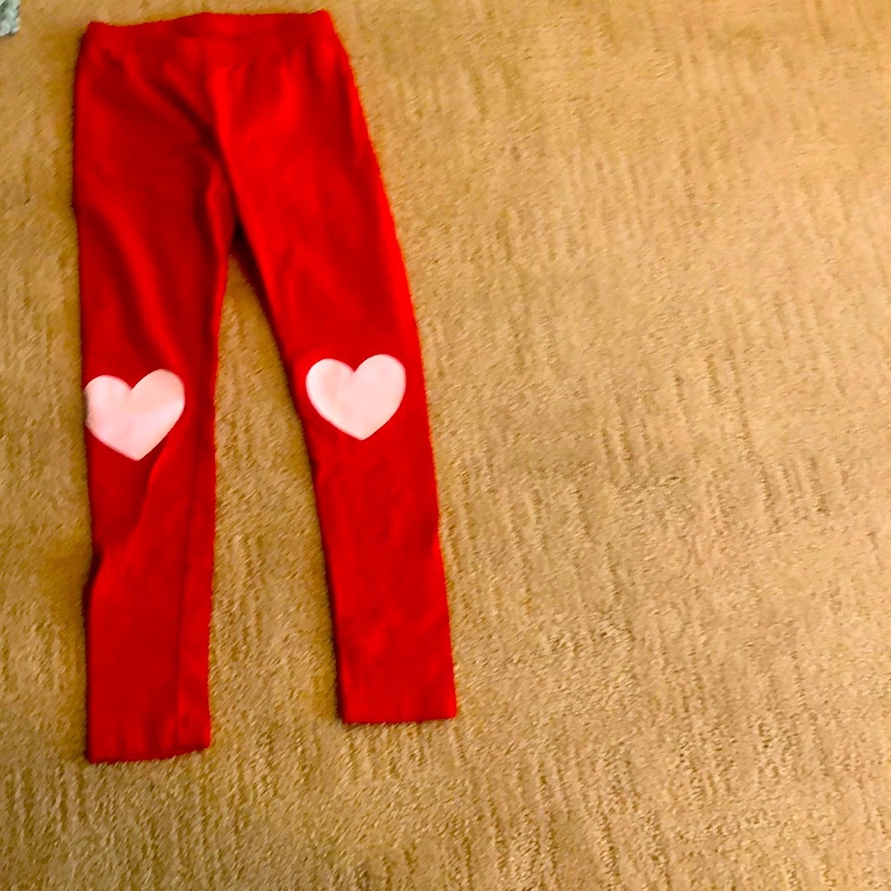 Red leggings with pink heart Valentine’s Day